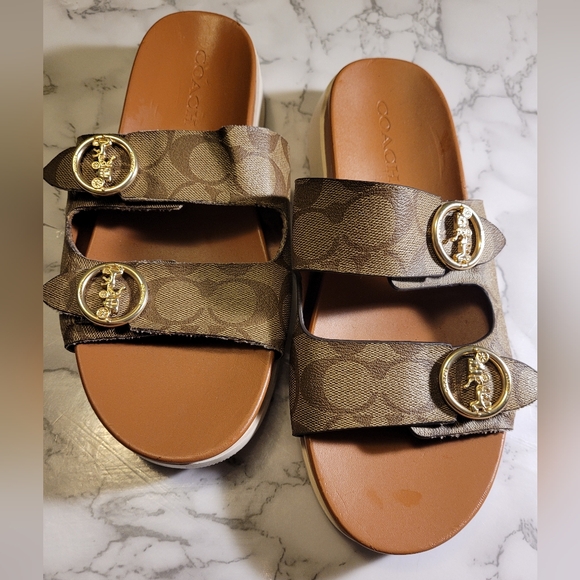 Coach Shoes - Coach Monogram Brown Sandals with Gold Accents Size 8.5B
